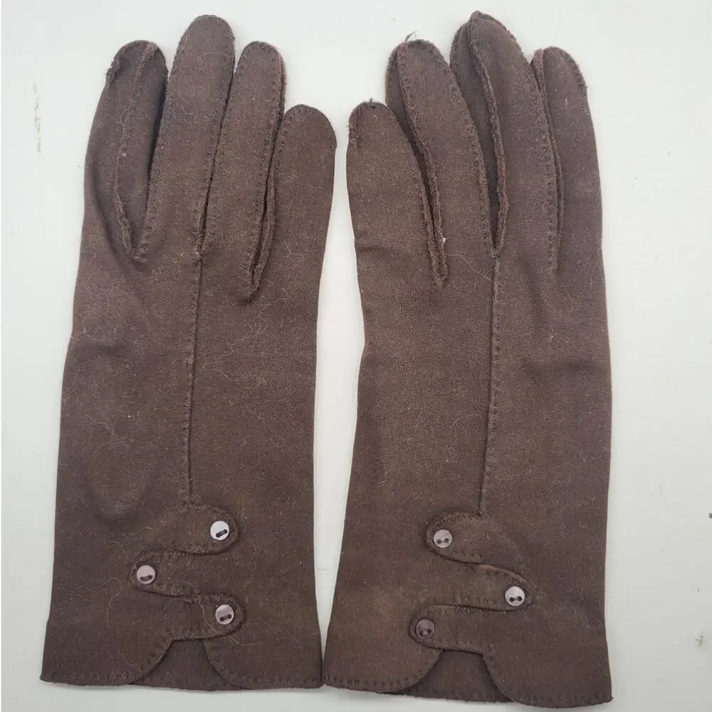 Vintage 50s Crescendoe Brown Suede Feel Button Detail Dress Gloves Retro preppy